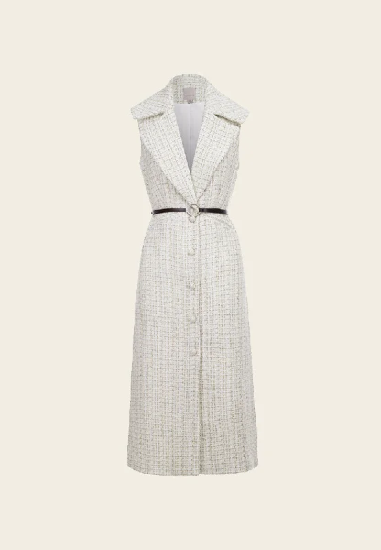 White Sleeveless Lapel Tweed Dress with Belt