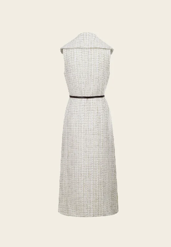 White Sleeveless Lapel Tweed Dress with Belt