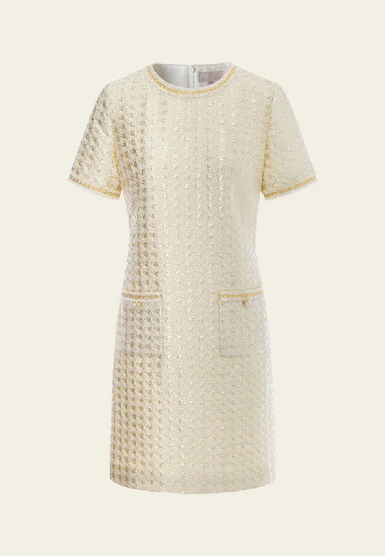 Embossed Jacquard Embellished-trim Patch-pocket Dress