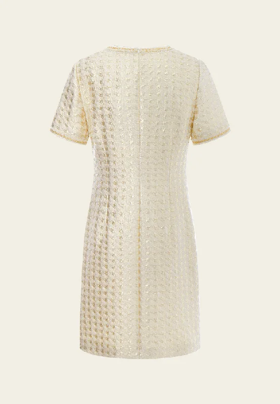 Embossed Jacquard Embellished-trim Patch-pocket Dress