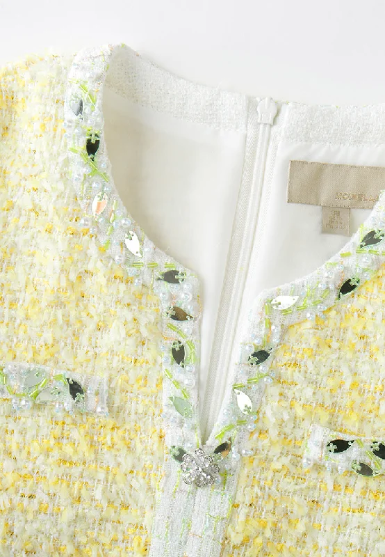 Flower-detail Embellished-trim Pocket Tweed Dress