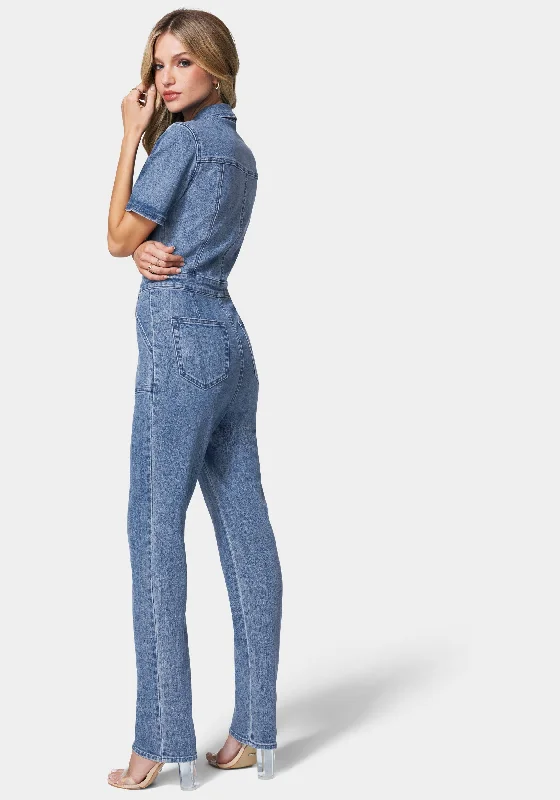 Straight Leg Zip Front Denim Jumpsuit