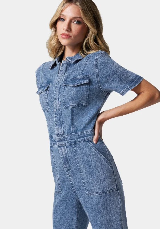 Straight Leg Zip Front Denim Jumpsuit