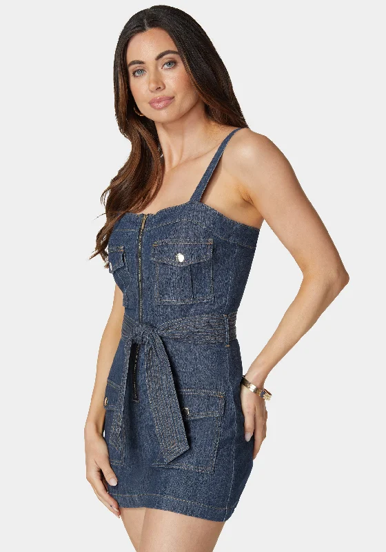 Zip Front Belted Cargo Denim Romper