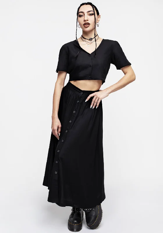 Maidenhair Button Down Midi Skirt - Midnight Black