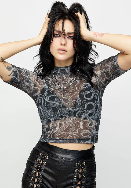 Serpente Print Mesh Short Sleeve Crop Top