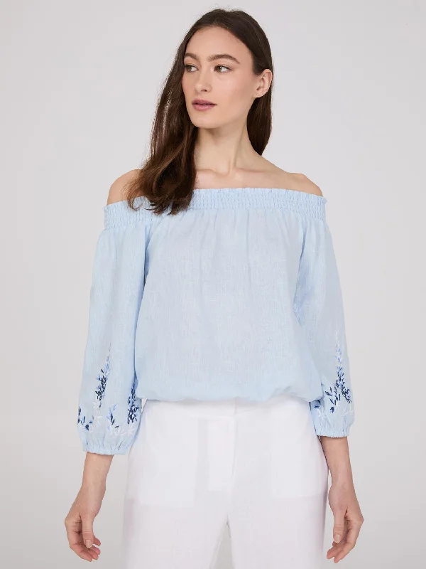 Embroidered Linen Off-The-Shoulder Top