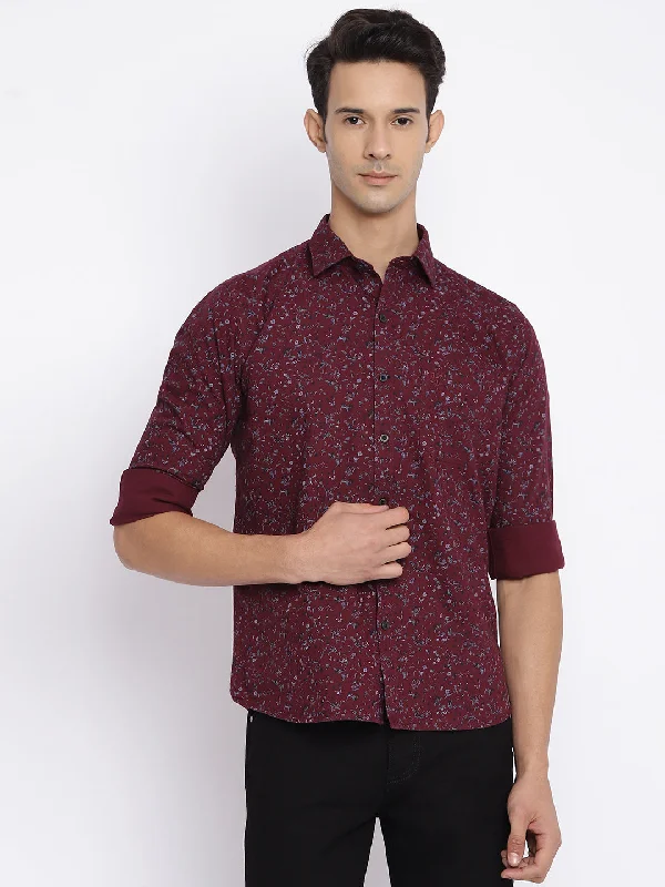 Cantabil Cotton Printed Maroon Full Sleeve Casual Shirt for Men with Pocket