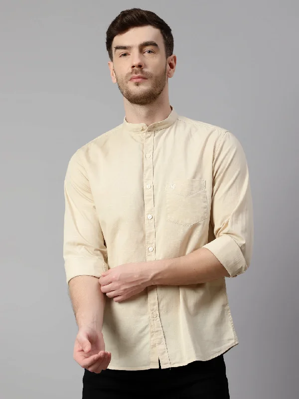 Cantabil Cotton Solid Beige Full Sleeve Casual Shirt for Men with Pocket