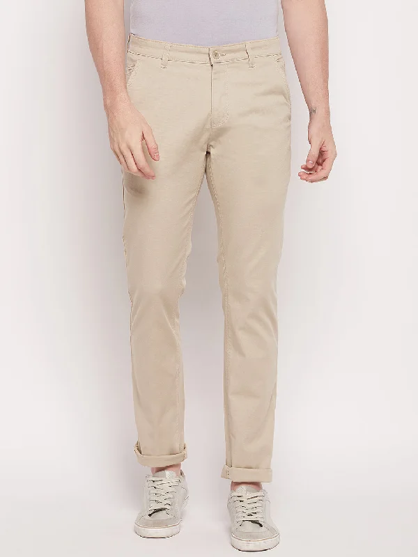 Cantabil Men Beige Cotton Blend Self Design Regular Fit Casual Trouser