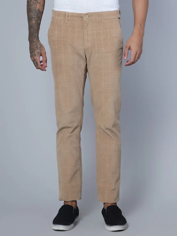 Cantabil Men Khaki Corduroy Blend Checkered Regular Fit Casual Trouser