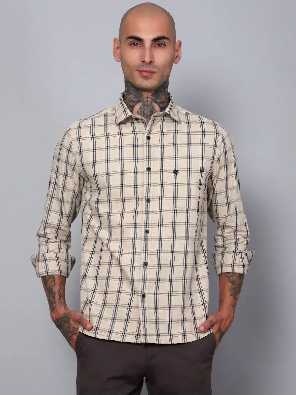 Cantabil Men Fawn Checkered Full Sleeves Casual Shirt