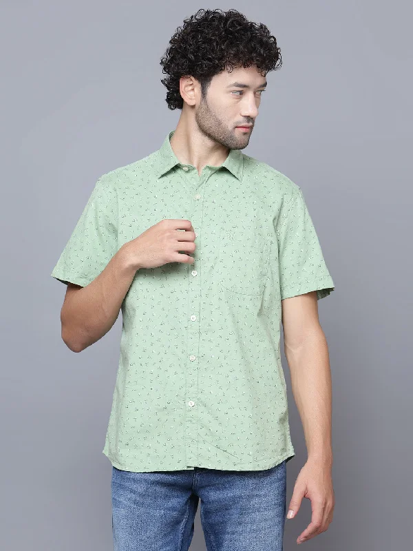 Cantabil Cotton Printed Green Half Sleeve Casual Shirt for Men with Pocket