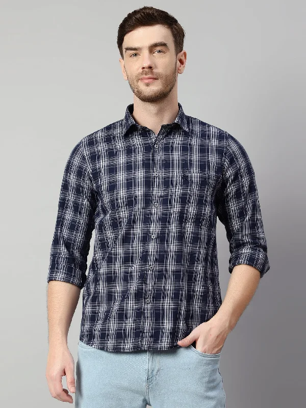 Cantabil Cotton Checkered Navy Blue Full Sleeve Casual Shirt for Men with Pocket