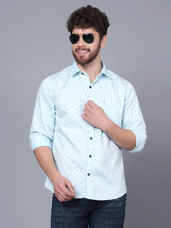 Cantabil Giza Cotton Printed Sky Blue Full Sleeve Casual Shirt for Men with Pocket