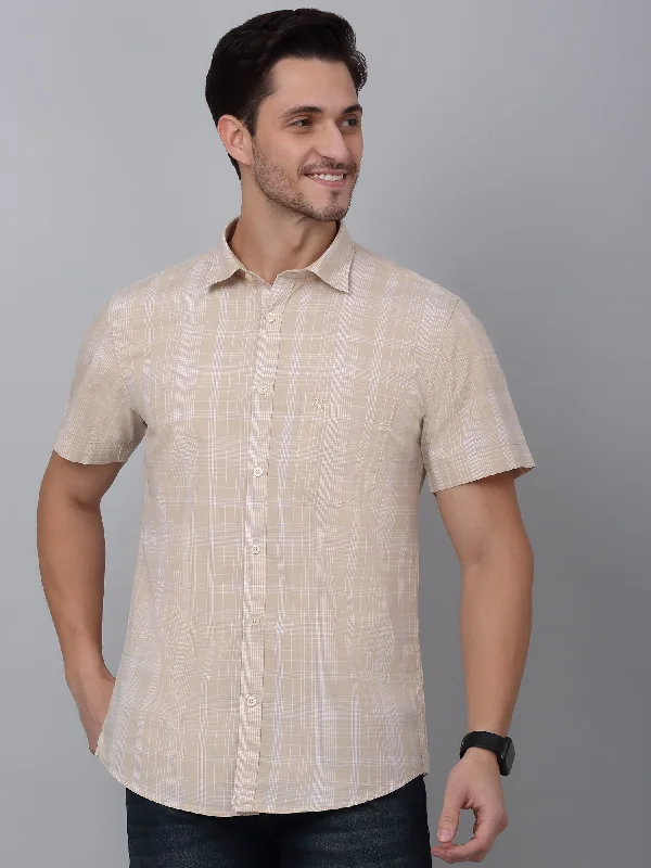 Cantabil Men's Beige Checkered Half Sleeve Casual Shirt