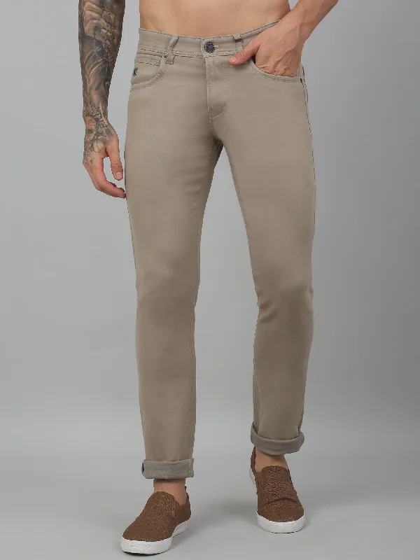 Cantabil Men's Beige Non Pleated Solid Stretchable Casual Trouser