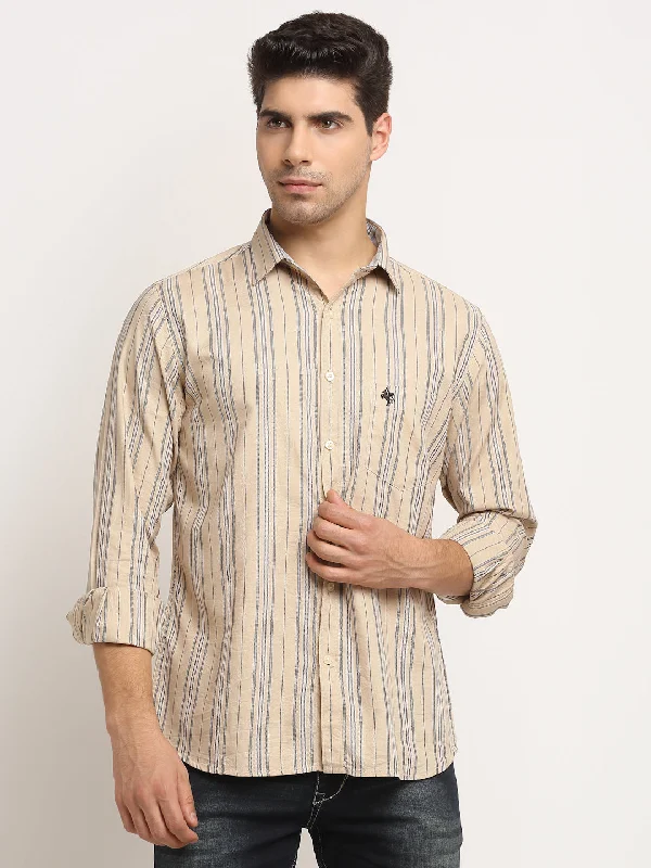 Cantabil Men Cotton Striped Beige Full Sleeve Casual Shirt for Men with Pocket