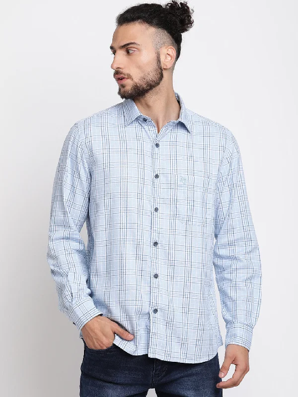 Cantabil Men Cotton Checkered Sky Blue Full Sleeve Casual Shirt for Men with Pocket