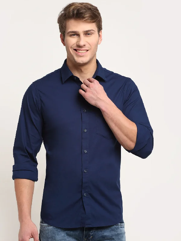 Cantabil Cotton Blend Solid Blue Full Sleeve Casual Shirt for Men with Pocket