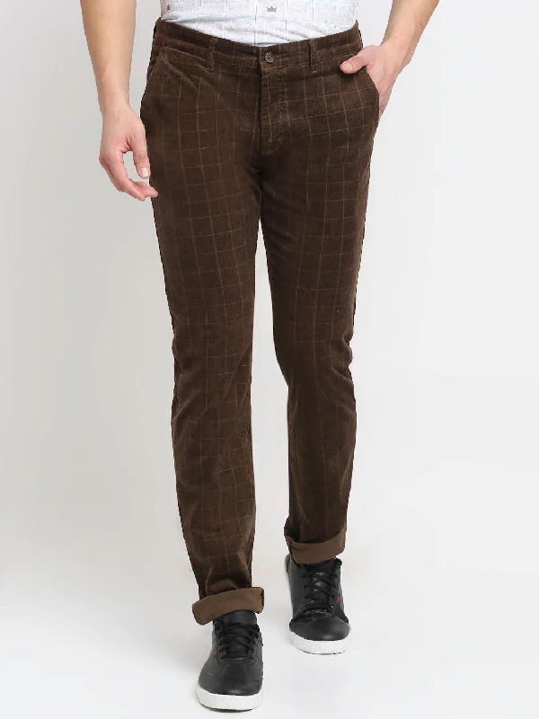 Cantabil Men Brown Corduroy Blend Checkered Regular Fit Casual Trouser