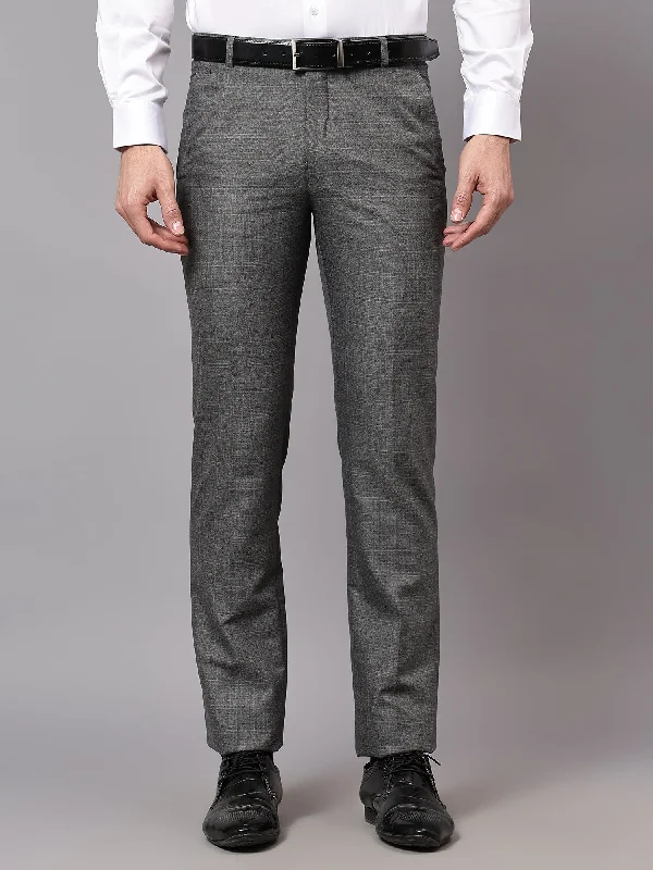 Cantabil Men's Grey Non Pleated Checkered Formal Trouser