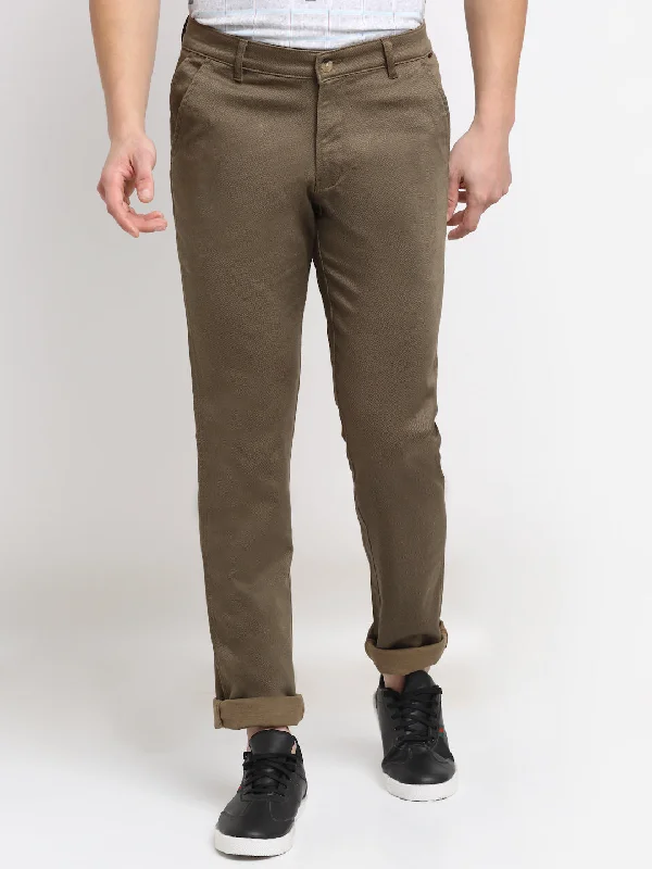 Cantabil Men Khaki Cotton Blend Solid Regular Fit Casual Trouser