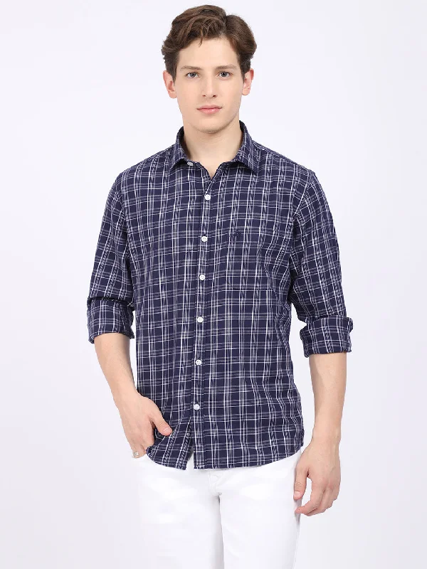 Cantabil Cotton Checkered Navy Blue Full Sleeve Casual Shirt for Men with Pocket