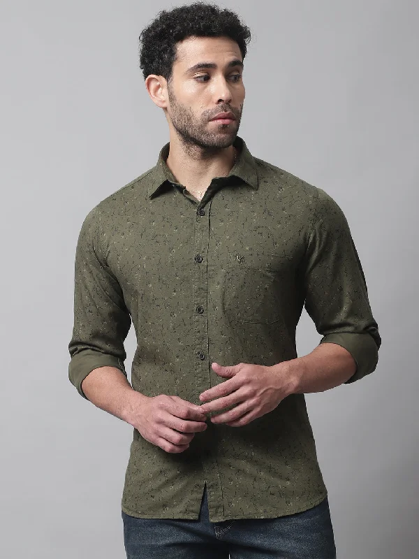 Cantabil Cotton Printed Olive Full Sleeve Casual Shirt for Men with Pocket