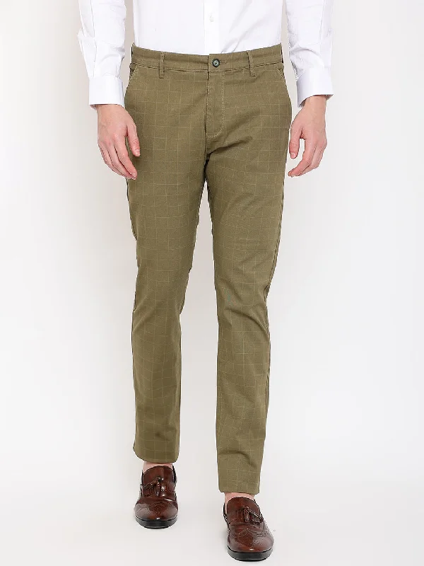 Cantabil Men Olive Cotton Blend Checkered Regular Fit Casual Trouser