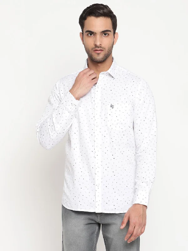 Cantabil Cotton Printed White Full Sleeve Casual Shirt for Men with Pocket