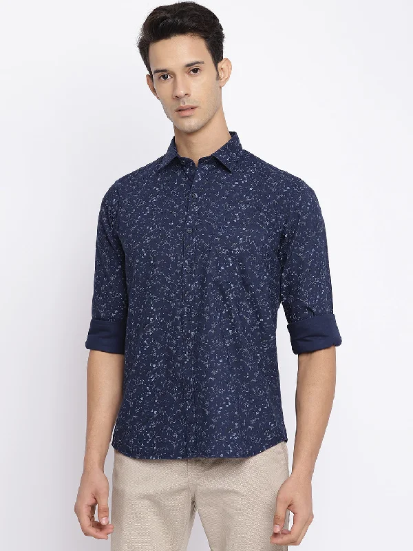 Cantabil Cotton Printed Navy Blue Full Sleeve Casual Shirt for Men with Pocket