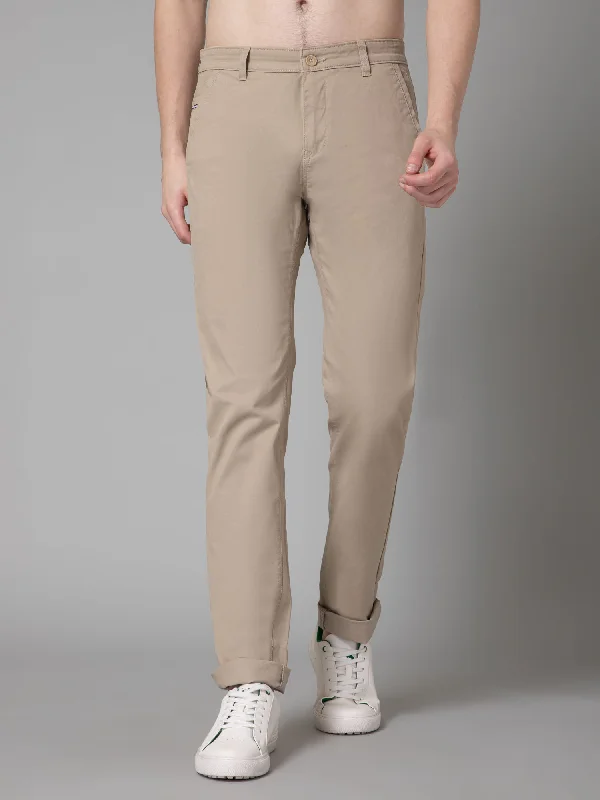 Cantabil Solid Non Pleated Regular Fit Mid Rise Beige Casual Stretchable Trouser for Men