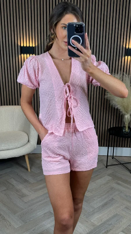 Donna Pink Printed Gingham Tie Detail Top & Shorts Co Ord