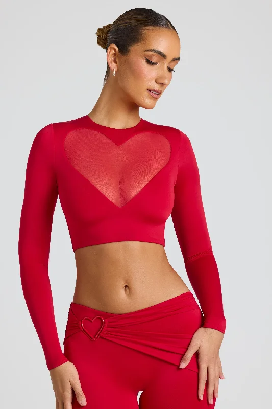 Sheer Panelled Long Sleeve Crop Top in Fire Red