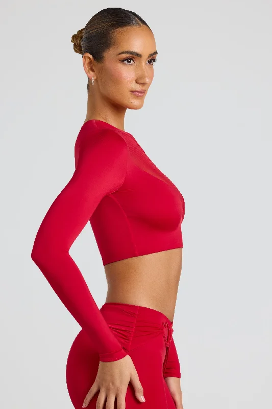 Sheer Panelled Long Sleeve Crop Top in Fire Red