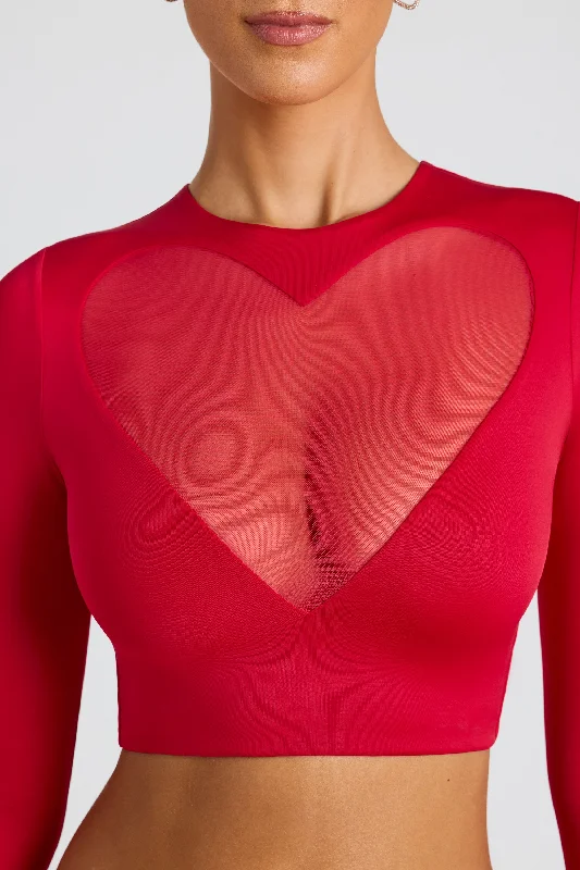 Sheer Panelled Long Sleeve Crop Top in Fire Red