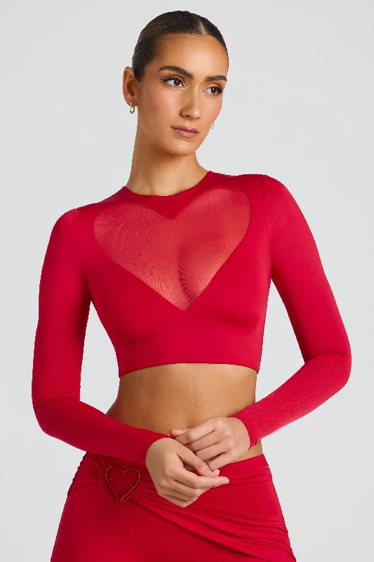 Sheer Panelled Long Sleeve Crop Top in Fire Red