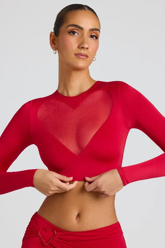 Sheer Panelled Long Sleeve Crop Top in Fire Red