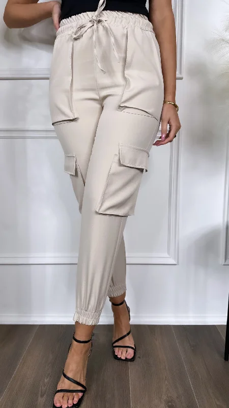 Susie Beige Straight Leg Cargo Trousers