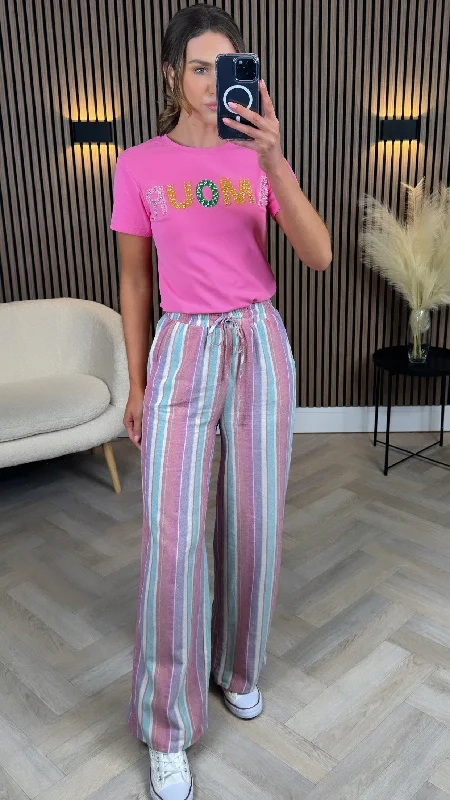 Via Pink Striped Wide Leg Trousers