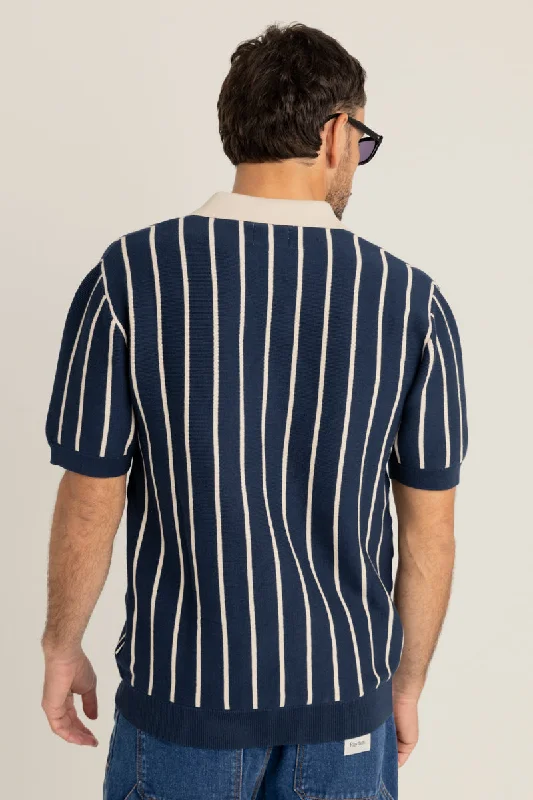 Striped Knit Ss Polo Navy