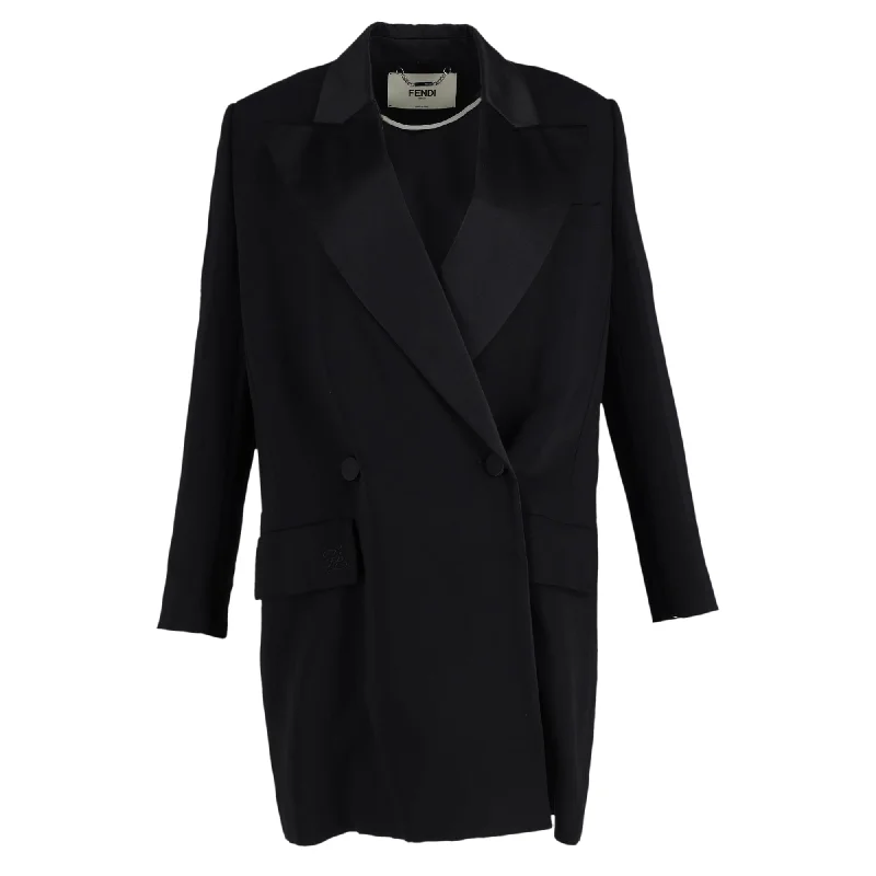 Fendi Double-Beasted Long Blazer in Black Wool