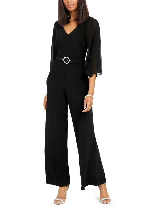 Petites Womens Chiffon V-Neck Jumpsuit