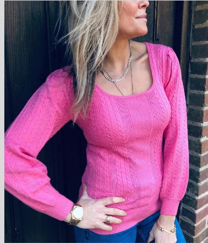 Pink Square Neck Cable Knit Jumper