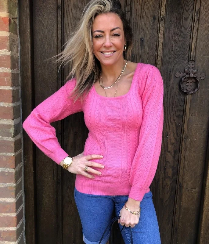 Pink Square Neck Cable Knit Jumper