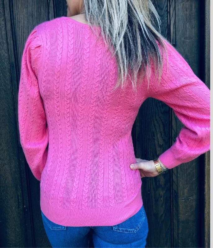 Pink Square Neck Cable Knit Jumper