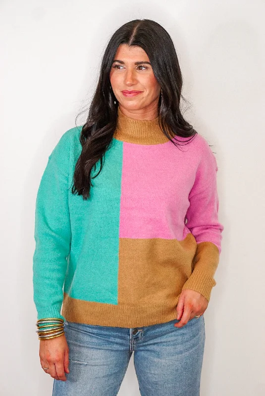 Pink And Teal Colorblock Sweater