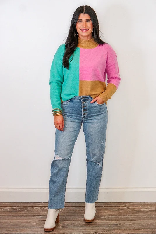 Pink And Teal Colorblock Sweater