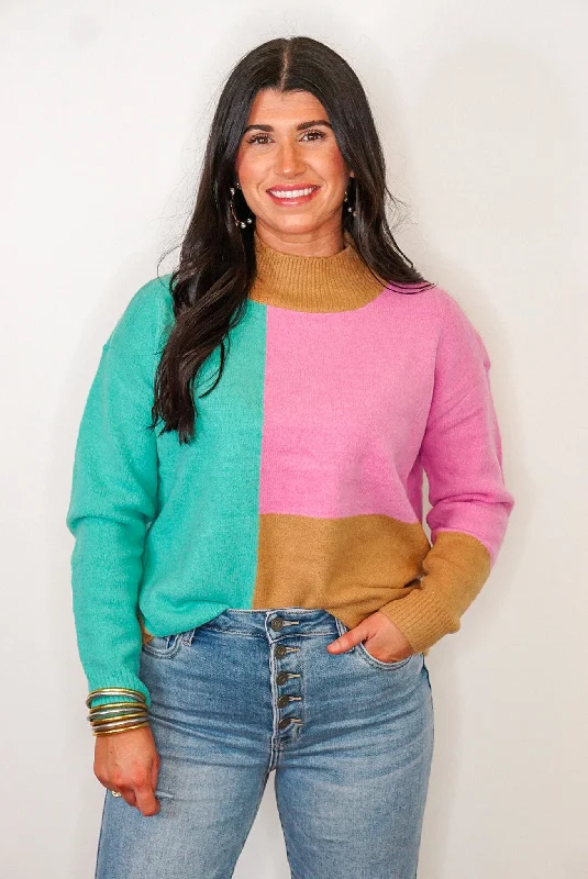 Pink And Teal Colorblock Sweater